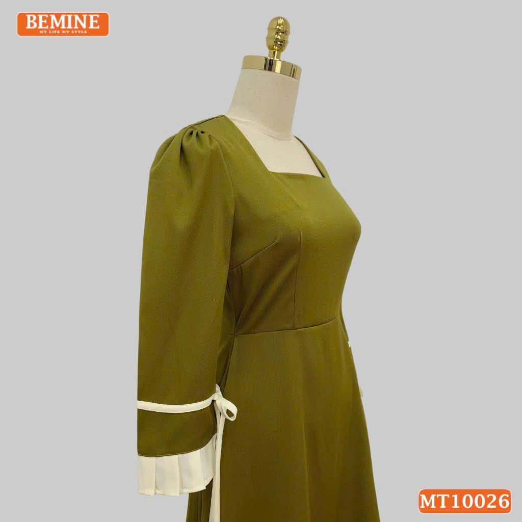 Đầm thiết kế BEMINE cổ vuông dáng chữ A tay lửng phối viền dây nơ phù hợp đi làm, đi dạo phố-MT10026