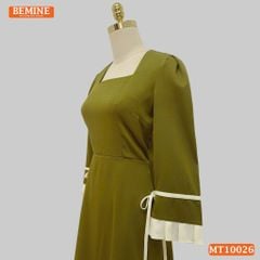 Đầm thiết kế BEMINE cổ vuông dáng chữ A tay lửng phối viền dây nơ phù hợp đi làm, đi dạo phố-MT10026