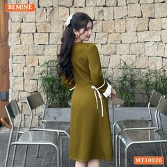 Đầm thiết kế BEMINE cổ vuông dáng chữ A tay lửng phối viền dây nơ phù hợp đi làm, đi dạo phố-MT10026