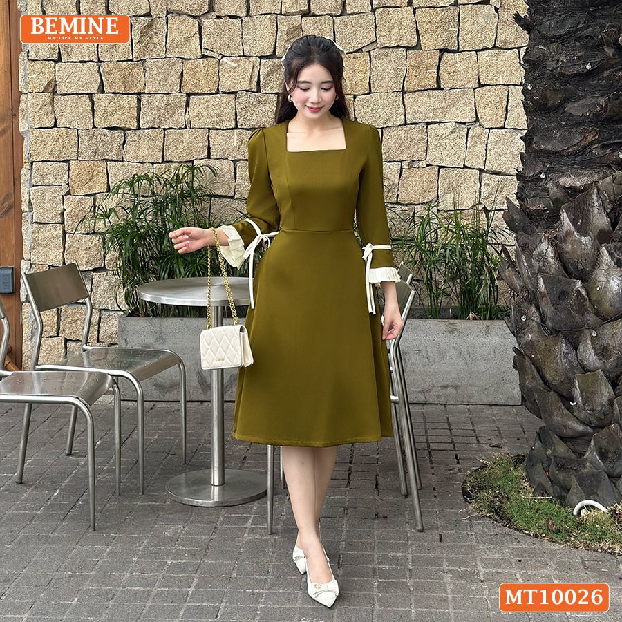 Đầm thiết kế BEMINE cổ vuông dáng chữ A tay lửng phối viền dây nơ phù hợp đi làm, đi dạo phố-MT10026