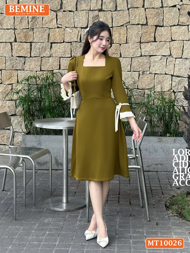Đầm thiết kế BEMINE cổ vuông dáng chữ A tay lửng phối viền dây nơ phù hợp đi làm, đi dạo phố-MT10026