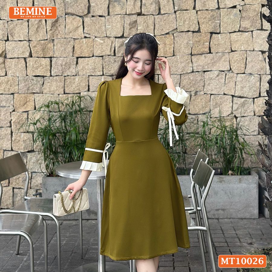 Đầm thiết kế BEMINE cổ vuông dáng chữ A tay lửng phối viền dây nơ phù hợp đi làm, đi dạo phố-MT10026