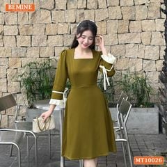 Đầm thiết kế BEMINE cổ vuông dáng chữ A tay lửng phối viền dây nơ phù hợp đi làm, đi dạo phố-MT10026
