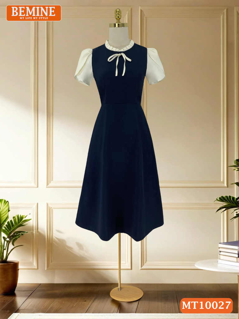 Đầm thiết kế BEMINE cổ tròn viền xếp ly dáng chữ A tay búp sen phù hợp đi làm, đi dạo phố-MT10027