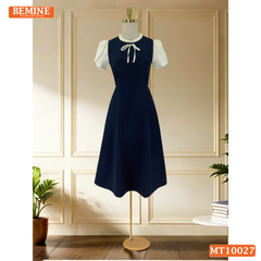 Đầm thiết kế BEMINE cổ tròn viền xếp ly dáng chữ A tay búp sen phù hợp đi làm, đi dạo phố-MT10027