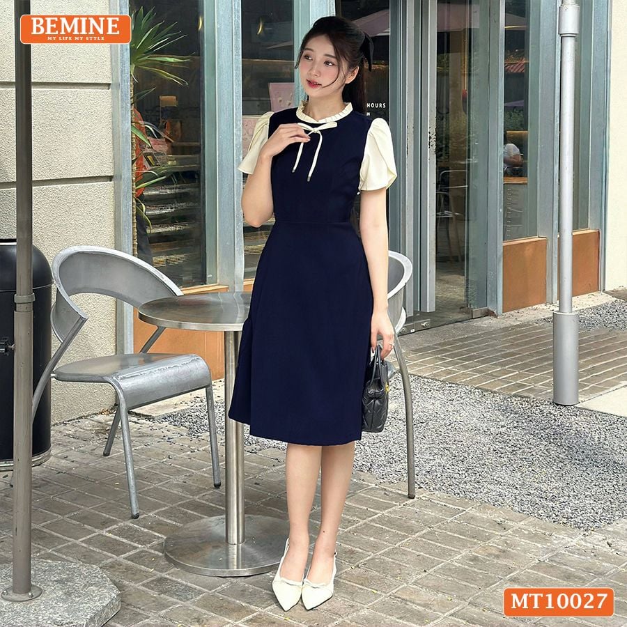 Đầm thiết kế BEMINE cổ tròn viền xếp ly dáng chữ A tay búp sen phù hợp đi làm, đi dạo phố-MT10027