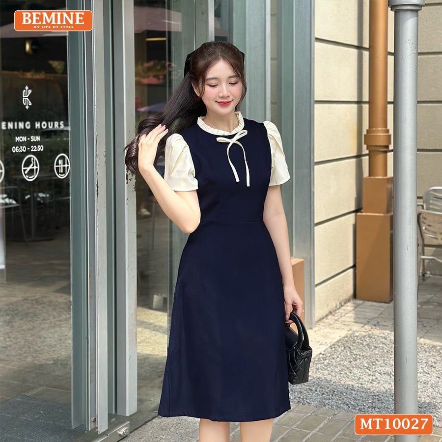 Đầm thiết kế BEMINE cổ tròn viền xếp ly dáng chữ A tay búp sen phù hợp đi làm, đi dạo phố-MT10027