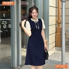 Đầm thiết kế BEMINE cổ tròn viền xếp ly dáng chữ A tay búp sen phù hợp đi làm, đi dạo phố-MT10027
