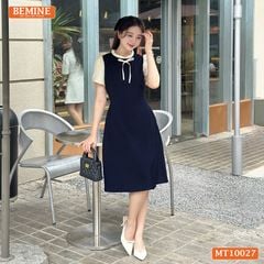 Đầm thiết kế BEMINE cổ tròn viền xếp ly dáng chữ A tay búp sen phù hợp đi làm, đi dạo phố-MT10027