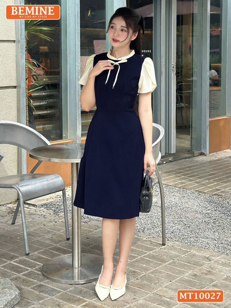 Đầm thiết kế BEMINE cổ tròn viền xếp ly dáng chữ A tay búp sen phù hợp đi làm, đi dạo phố-MT10027