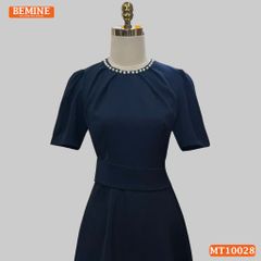 Đầm thiết kế BEMINE cổ tròn xếp ly dáng chữ A bảng eo đính ngọc phù hợp đi làm, đi dạo phố-MT10028