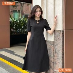Đầm thiết kế BEMINE cổ tròn xẻ giọt nước đính cúc dáng chữ A phù hợp đi làm, đi dạo phố-MT10030