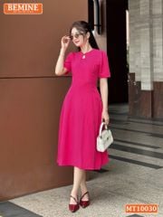 Đầm thiết kế BEMINE cổ tròn xẻ giọt nước đính cúc dáng chữ A phù hợp đi làm, đi dạo phố-MT10030