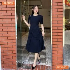 Đầm thiết kế BEMINE cổ tròn đính ngọc dáng chữ A xếp ly eo phù hợp đi làm, đi chơi và đi tiệc-MT10031