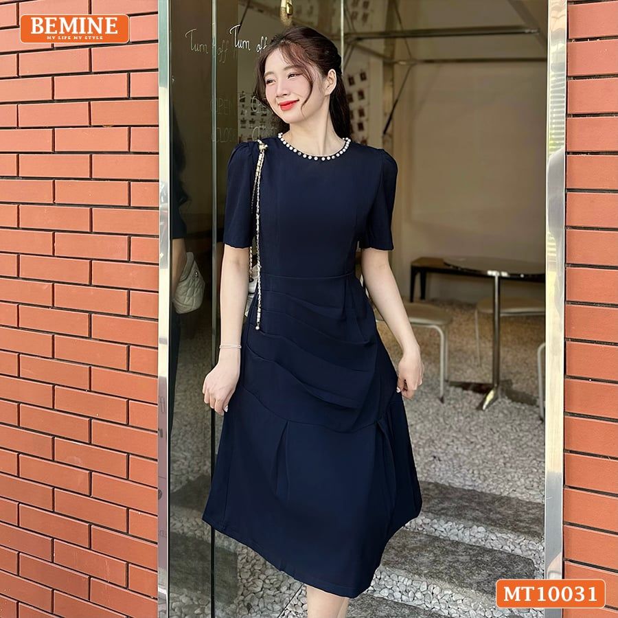 Đầm thiết kế BEMINE cổ tròn đính ngọc dáng chữ A xếp ly eo phù hợp đi làm, đi chơi và đi tiệc-MT10031