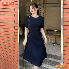 Đầm thiết kế BEMINE cổ tròn đính ngọc dáng chữ A xếp ly eo phù hợp đi làm, đi chơi và đi tiệc-MT10031