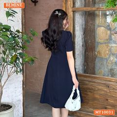 Đầm thiết kế BEMINE cổ tròn xếp ly dáng chữ A bảng eo đính ngọc phù hợp đi làm, đi dạo phố-MT10028