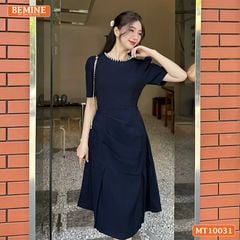 Đầm thiết kế BEMINE cổ tròn đính ngọc dáng chữ A xếp ly eo phù hợp đi làm, đi chơi và đi tiệc-MT10031