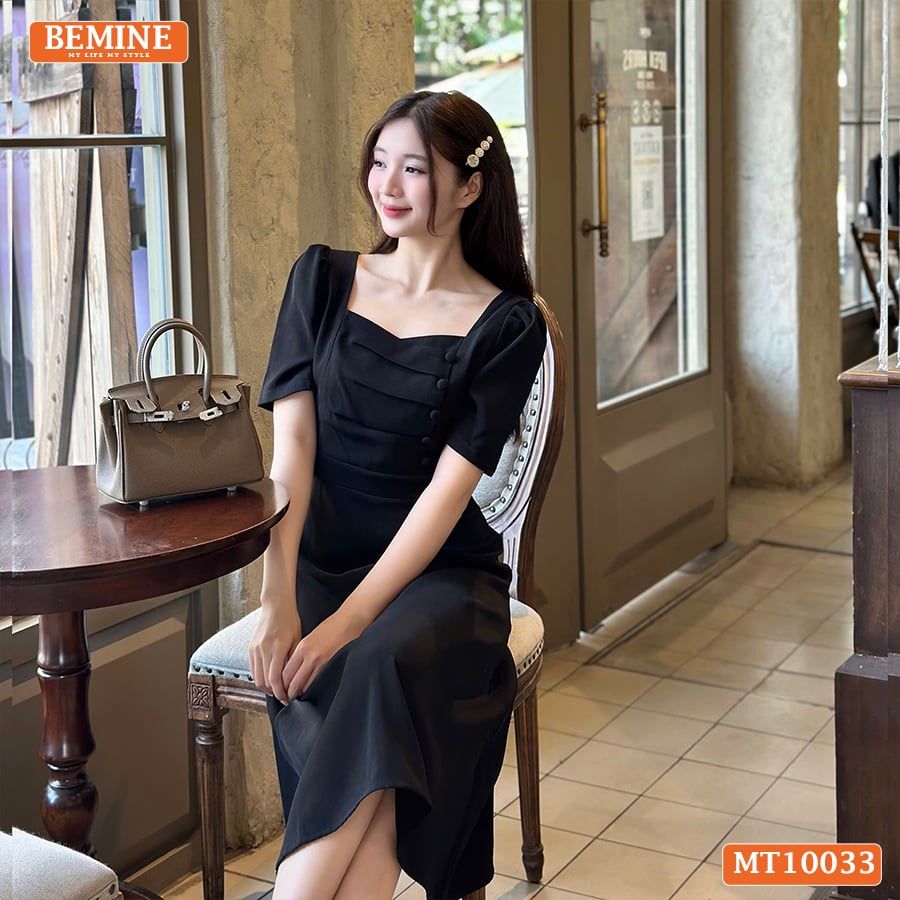 Đầm thiết kế BEMINE cổ tim dáng dài chéo ngực đính cúc phù hợp đi làm, đi dạo phố-MT10033