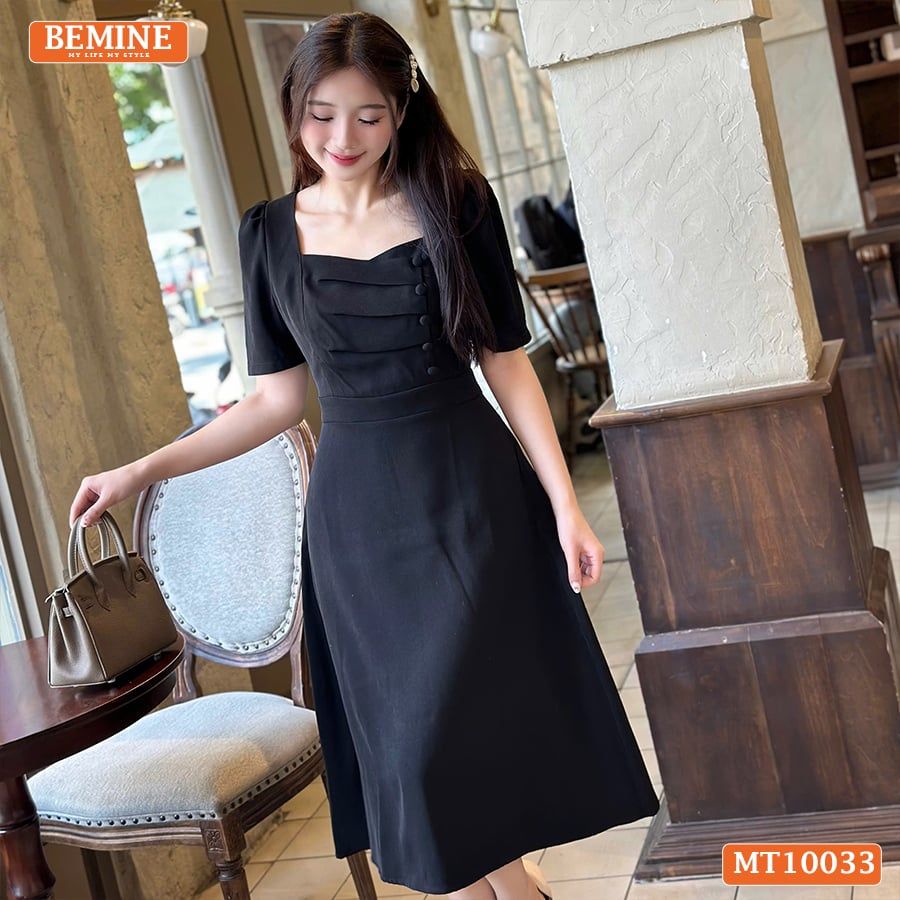 Đầm thiết kế BEMINE cổ tim dáng dài chéo ngực đính cúc phù hợp đi làm, đi dạo phố-MT10033