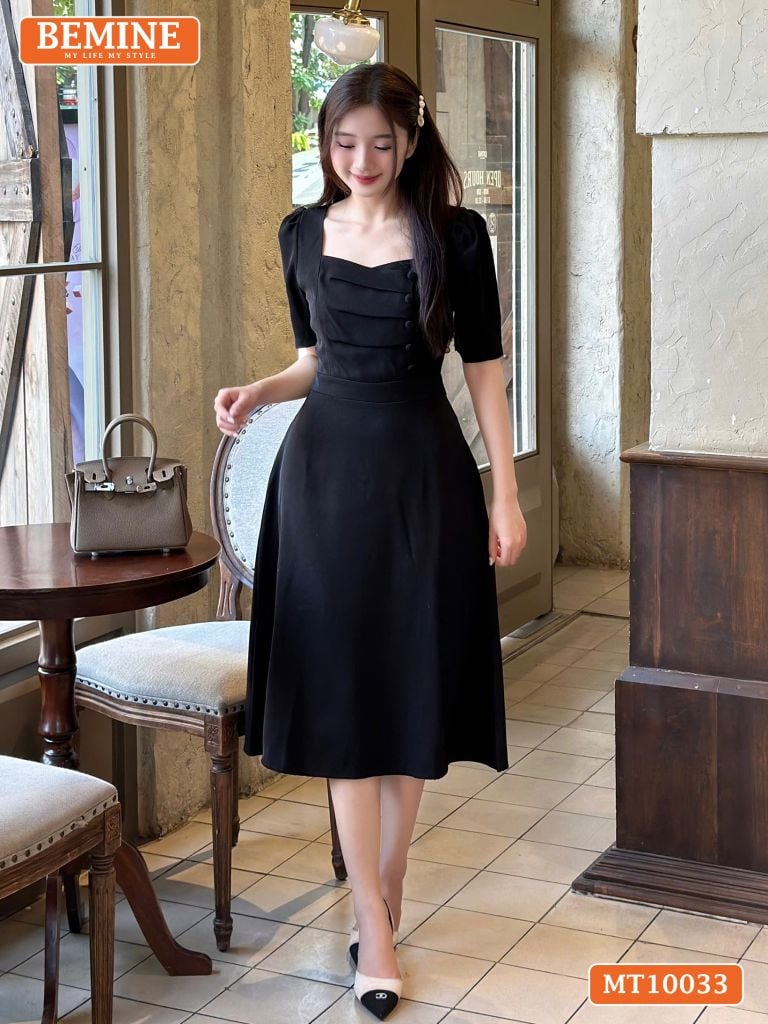Đầm thiết kế BEMINE cổ tim dáng dài chéo ngực đính cúc phù hợp đi làm, đi dạo phố-MT10033