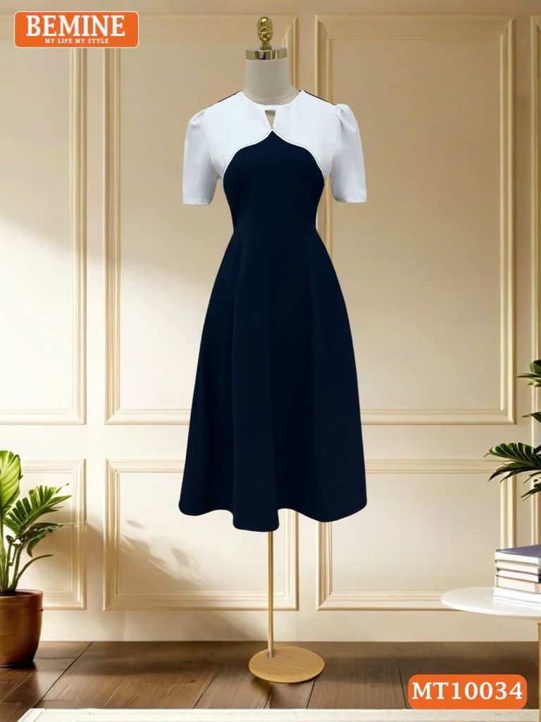 Đầm thiết kế BEMINE cổ tròn phối cách điệu dáng chữ A phù hợp đi làm, đi chơi-MT10034