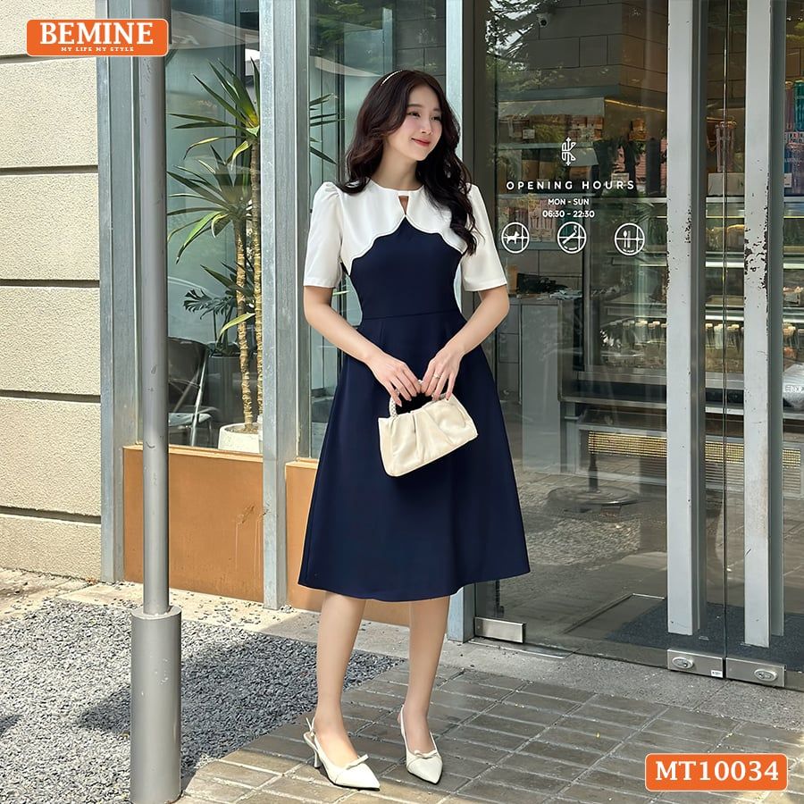 Đầm thiết kế BEMINE cổ tròn phối cách điệu dáng chữ A phù hợp đi làm, đi chơi-MT10034