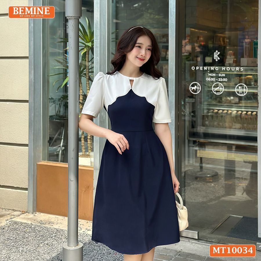 Đầm thiết kế BEMINE cổ tròn phối cách điệu dáng chữ A phù hợp đi làm, đi chơi-MT10034