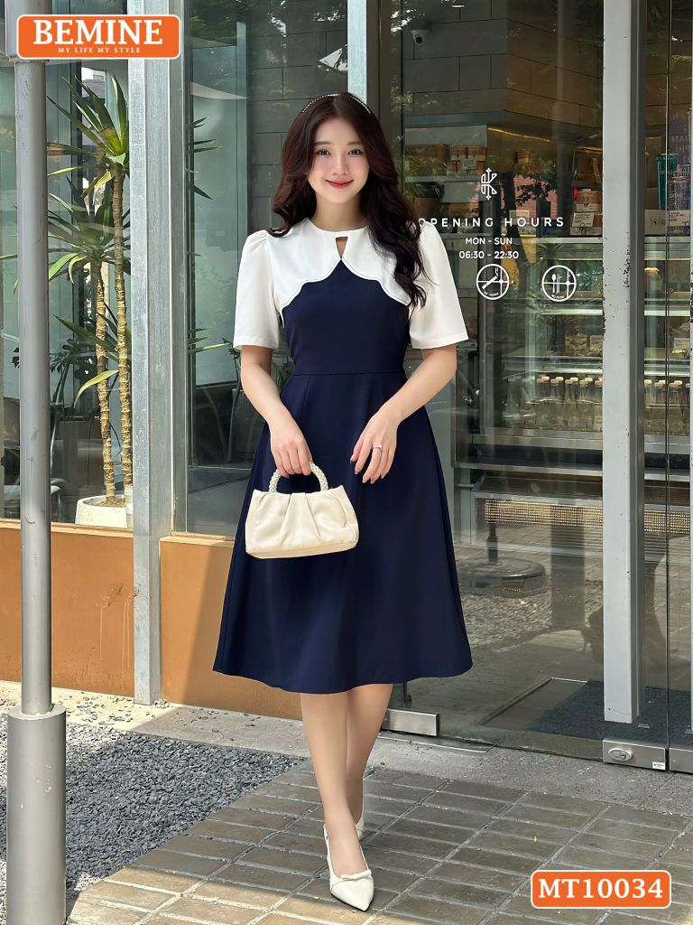 Đầm thiết kế BEMINE cổ tròn phối cách điệu dáng chữ A phù hợp đi làm, đi chơi-MT10034