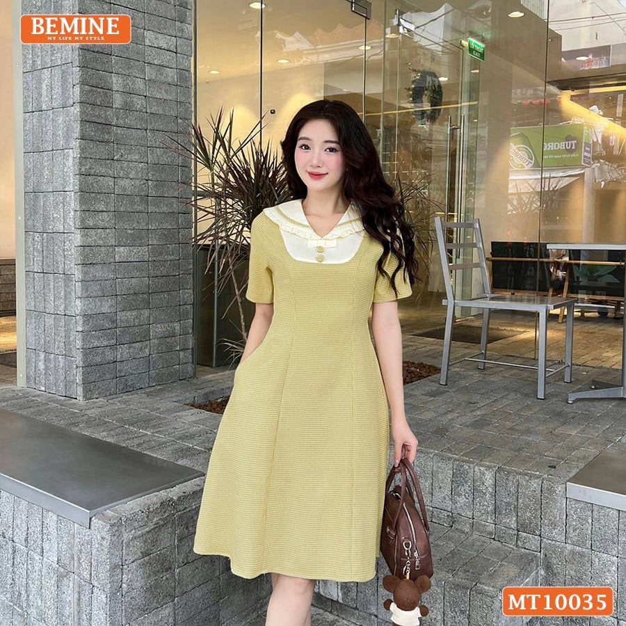 Đầm thiết kế BEMINE cổ thủy thủ viền bèo dáng chữ A phù hợp đi làm, đi dạo phố-MT10035