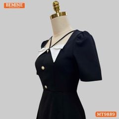 Đầm thiết kế BEMINE cổ vuông kiểu phối trắng dáng chữ A đính nút phù hợp đi làm, đi chơi và đi tiệc-MT10036