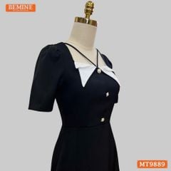 Đầm thiết kế BEMINE cổ vuông kiểu phối trắng dáng chữ A đính nút phù hợp đi làm, đi chơi và đi tiệc-MT10036