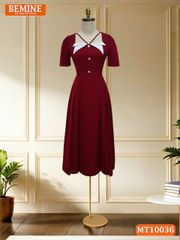 Đầm thiết kế BEMINE cổ vuông kiểu phối trắng dáng chữ A đính nút phù hợp đi làm, đi chơi và đi tiệc-MT10036