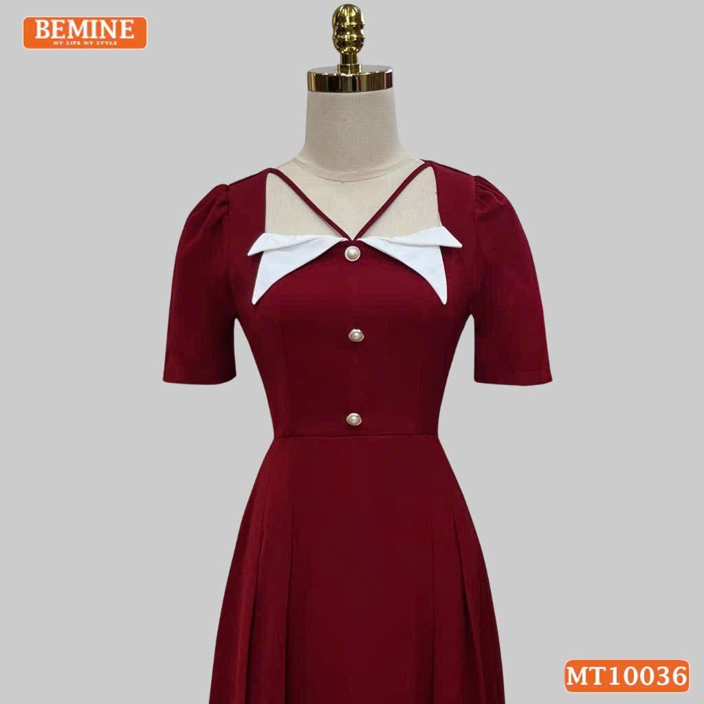 Đầm thiết kế BEMINE cổ vuông kiểu phối trắng dáng chữ A đính nút phù hợp đi làm, đi chơi và đi tiệc-MT10036
