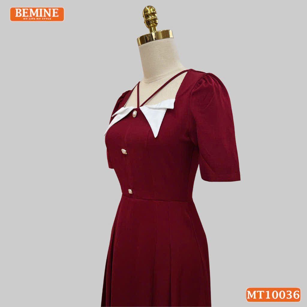 Đầm thiết kế BEMINE cổ vuông kiểu phối trắng dáng chữ A đính nút phù hợp đi làm, đi chơi và đi tiệc-MT10036