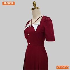 Đầm thiết kế BEMINE cổ vuông kiểu phối trắng dáng chữ A đính nút phù hợp đi làm, đi chơi và đi tiệc-MT10036