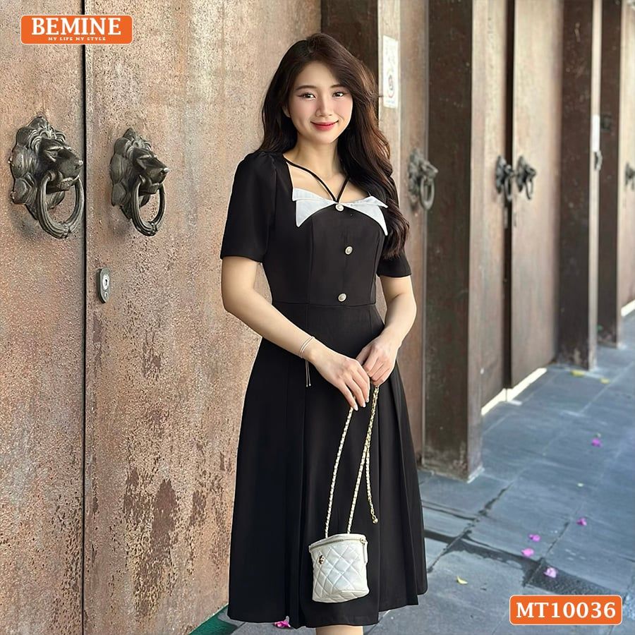 Đầm thiết kế BEMINE cổ vuông kiểu phối trắng dáng chữ A đính nút phù hợp đi làm, đi chơi và đi tiệc-MT10036