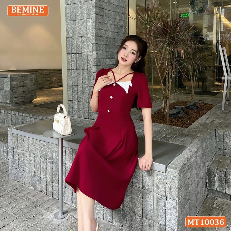 Đầm thiết kế BEMINE cổ vuông kiểu phối trắng dáng chữ A đính nút phù hợp đi làm, đi chơi và đi tiệc-MT10036