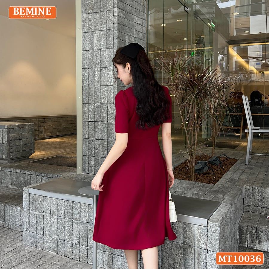 Đầm thiết kế BEMINE cổ vuông kiểu phối trắng dáng chữ A đính nút phù hợp đi làm, đi chơi và đi tiệc-MT10036