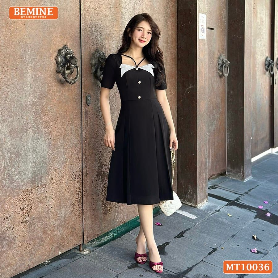 Đầm thiết kế BEMINE cổ vuông kiểu phối trắng dáng chữ A đính nút phù hợp đi làm, đi chơi và đi tiệc-MT10036