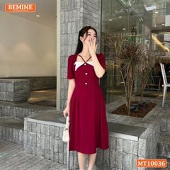 Đầm thiết kế BEMINE cổ vuông kiểu phối trắng dáng chữ A đính nút phù hợp đi làm, đi chơi và đi tiệc-MT10036
