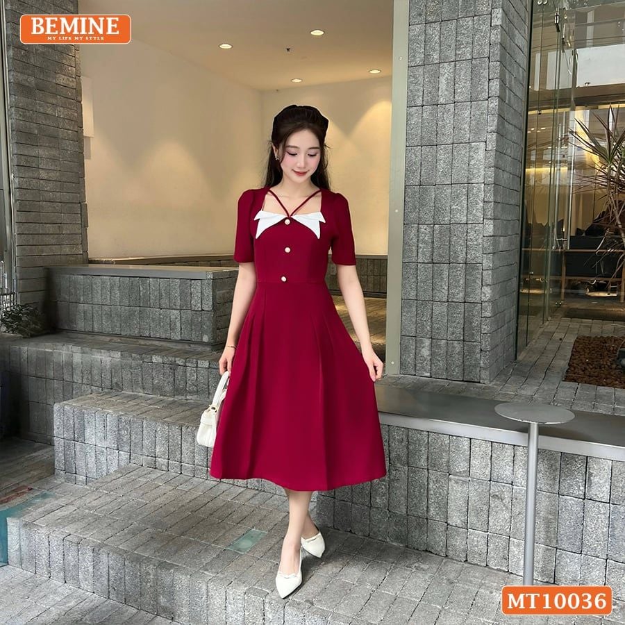 Đầm thiết kế BEMINE cổ vuông kiểu phối trắng dáng chữ A đính nút phù hợp đi làm, đi chơi và đi tiệc-MT10036