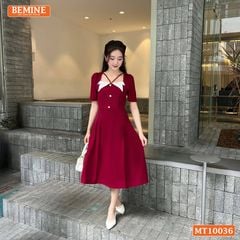 Đầm thiết kế BEMINE cổ vuông kiểu phối trắng dáng chữ A đính nút phù hợp đi làm, đi chơi và đi tiệc-MT10036