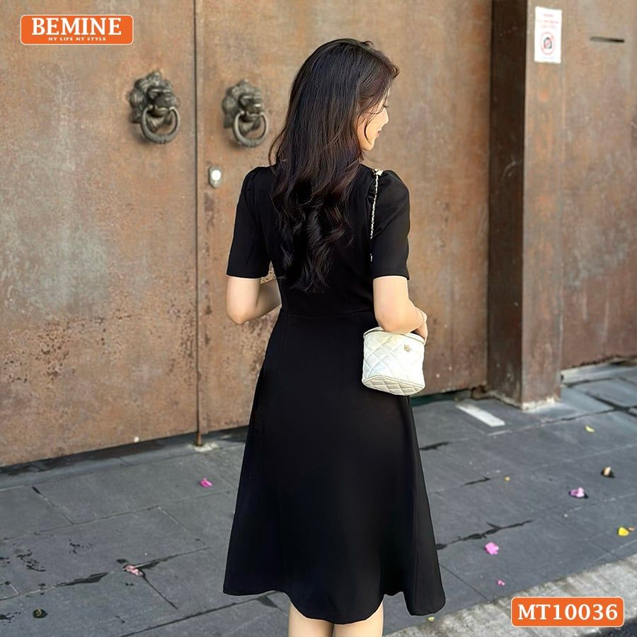 Đầm thiết kế BEMINE cổ vuông kiểu phối trắng dáng chữ A đính nút phù hợp đi làm, đi chơi và đi tiệc-MT10036
