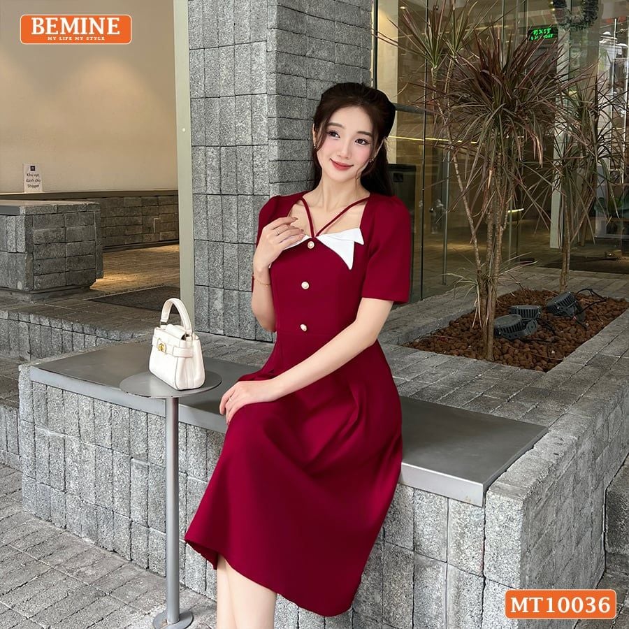 Đầm thiết kế BEMINE cổ vuông kiểu phối trắng dáng chữ A đính nút phù hợp đi làm, đi chơi và đi tiệc-MT10036