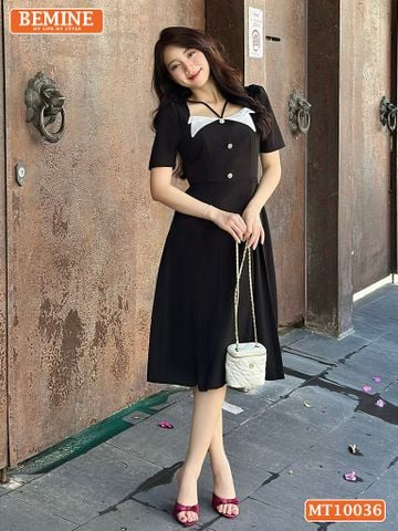 Đầm thiết kế BEMINE cổ vuông kiểu phối trắng dáng chữ A đính nút phù hợp đi làm, đi chơi và đi tiệc-MT10036