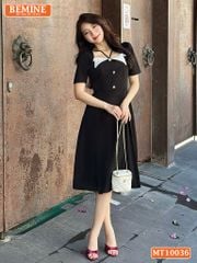 Đầm thiết kế BEMINE cổ vuông kiểu phối trắng dáng chữ A đính nút phù hợp đi làm, đi chơi và đi tiệc-MT10036