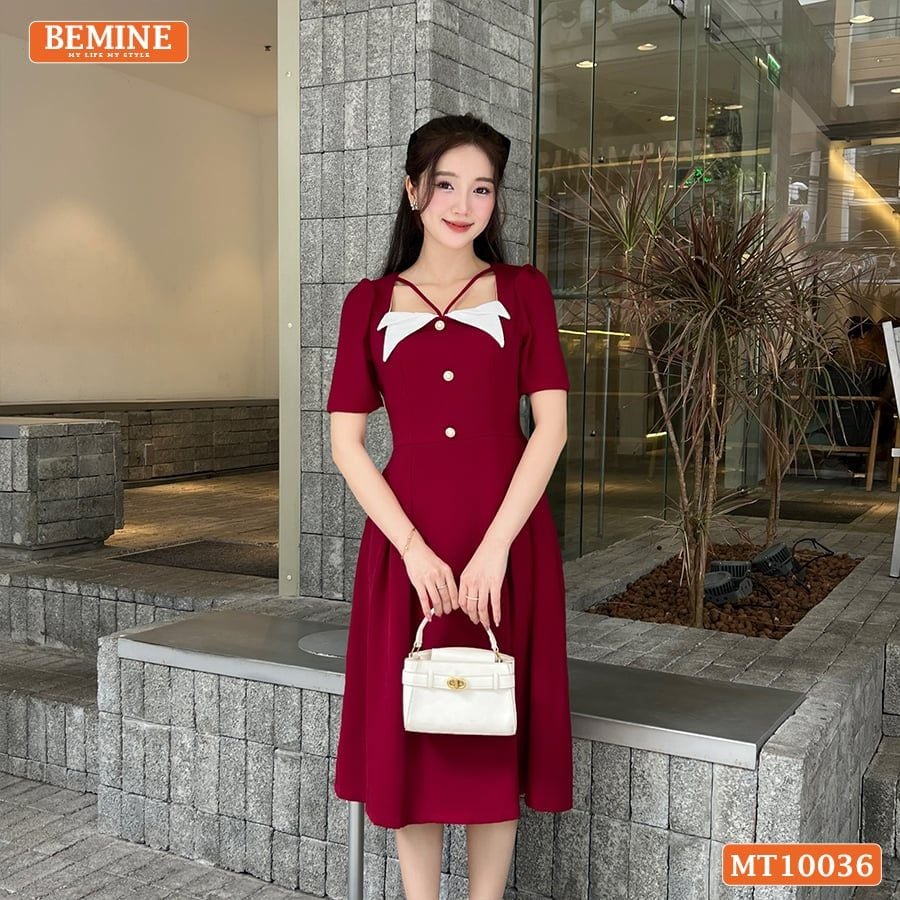 Đầm thiết kế BEMINE cổ vuông kiểu phối trắng dáng chữ A đính nút phù hợp đi làm, đi chơi và đi tiệc-MT10036