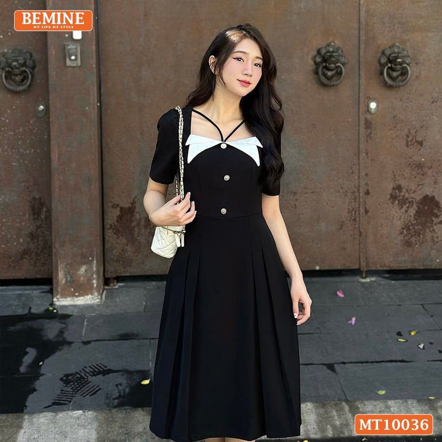 Đầm thiết kế BEMINE cổ vuông kiểu phối trắng dáng chữ A đính nút phù hợp đi làm, đi chơi và đi tiệc-MT10036