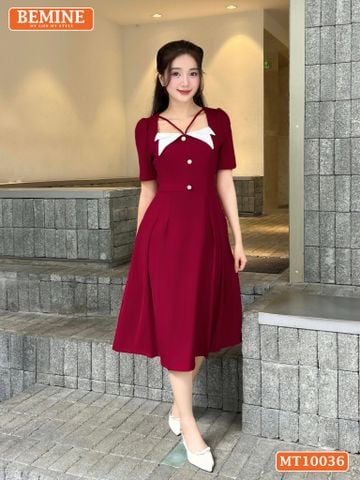 Đầm thiết kế BEMINE cổ vuông kiểu phối trắng dáng chữ A đính nút phù hợp đi làm, đi chơi và đi tiệc-MT10036